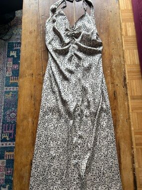 Reitmans Nude Satin Speckled Halter Midi Dress with Low Back & Side Slits (M)